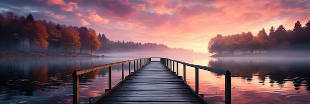 Un lac plat, simpliste et rectangulaire, un quai, un beau lever de soleil, une eau calme et brumeuse, un lac avec un ciel coloré, un papier peint de relaxation de la nature, une IA générative.