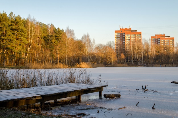 Lac près de la forêt et avec de hautes maisons en briques en arrière-plan