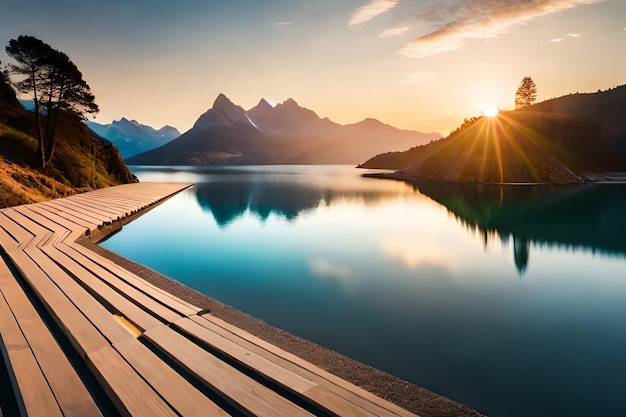 Un lac avec un quai et une montagne en arrière-plan