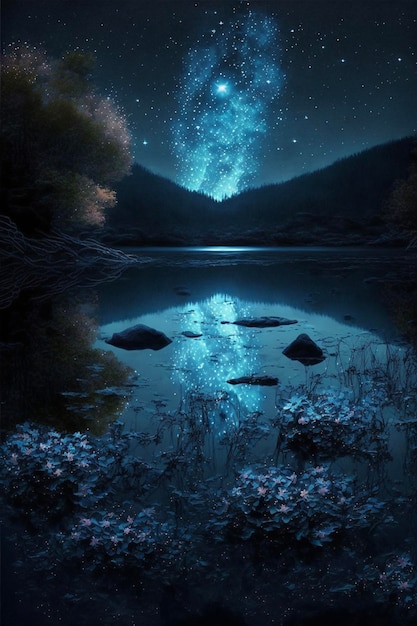 Lac rempli de beaucoup d'eau sous un ciel nocturne ai génératif