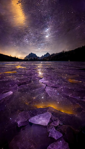 Lac rempli de beaucoup de glace sous un ciel plein d'étoiles ai générative