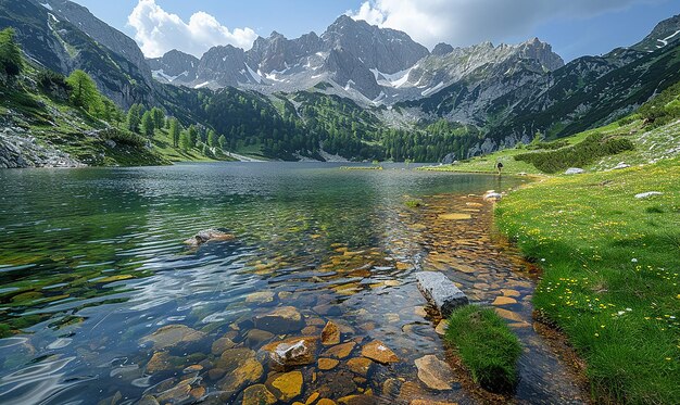 un lac avec des rochers et des arbres en arrière-plan