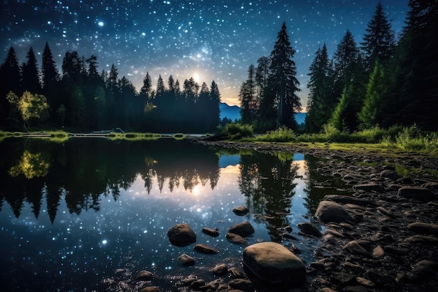 Un lac avec des rochers et des arbres en arrière-plan