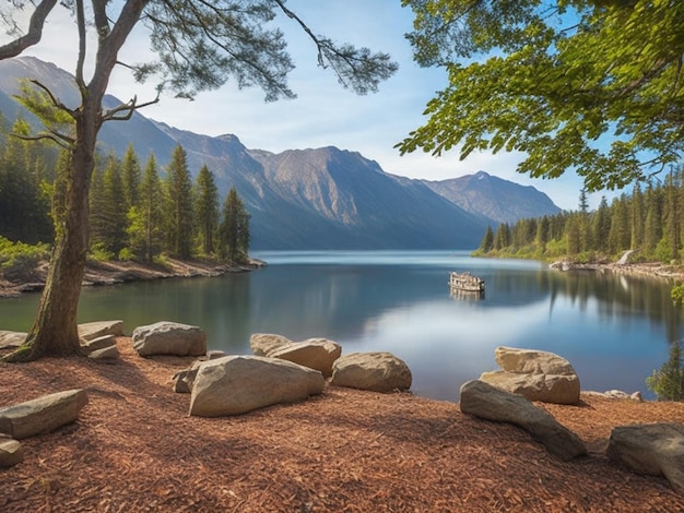 un lac avec des rochers et des arbres en arrière-plan