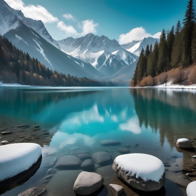 Photo un lac avec des rochers et des montagnes en arrière-plan