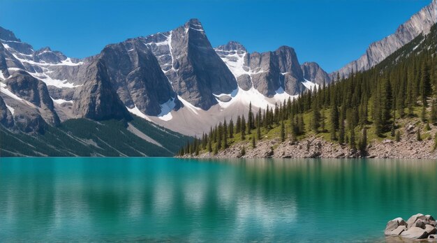 Un lac avec des rochers et des montagnes en arrière-plan