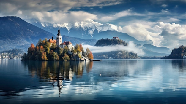 Le lac a saigné l'église de l'île de Slovénie le château médiéval créé avec la technologie d'IA générative