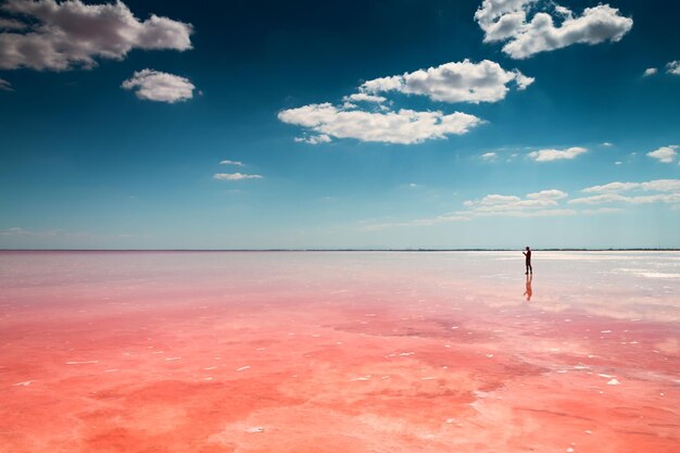 Lac salé avec du sel rose et le ciel bleu avec des nuages. Lac salé rose Sasyk-Sivash en Crimée. Paysage d'été