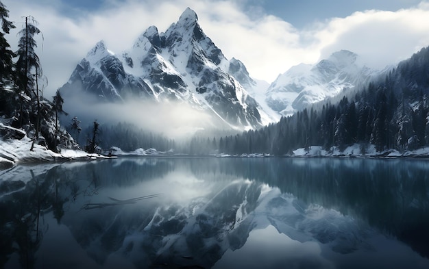 Le lac se reflète dans les montagnes.