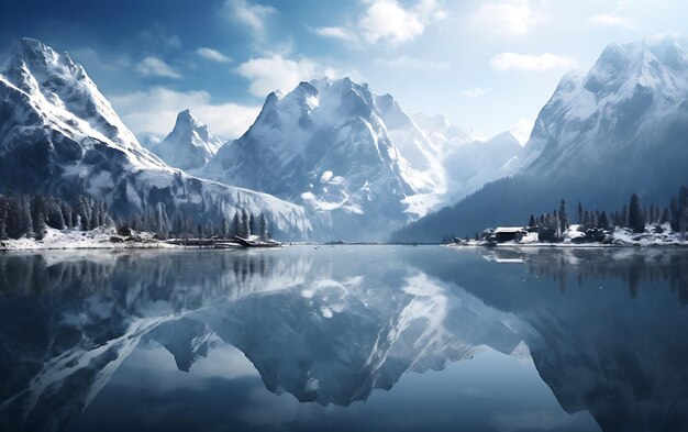 Photo le lac se reflète dans les montagnes.