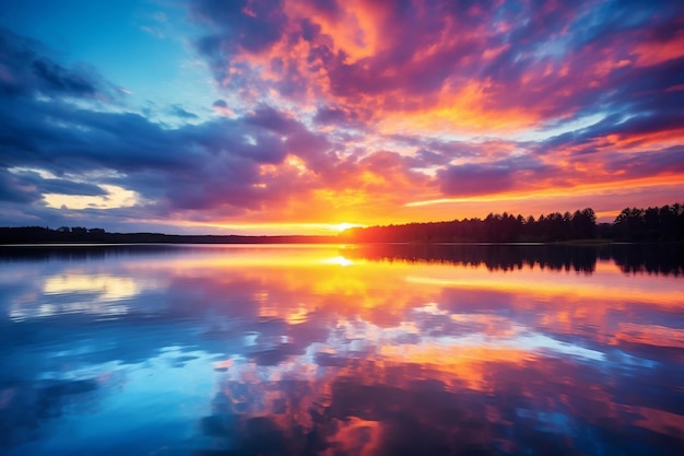Un lac serein avec un coucher de soleil vibrant Image IA générative