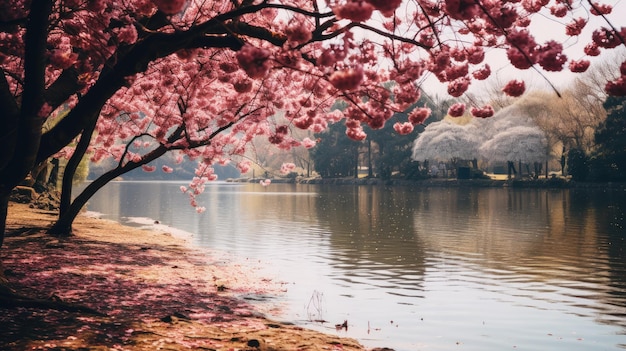 Un lac serein entouré d'arbres en fleurs