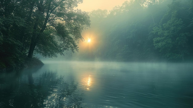 Un lac serein enveloppé d'un voile de brouillard du matin créant un air de tranquillité et de mystère