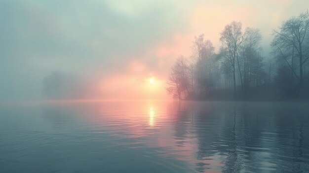 Un lac serein enveloppé d'un voile de brouillard du matin créant un air de tranquillité et de mystère