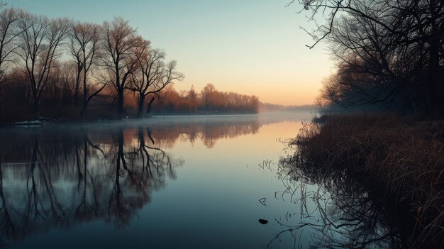 Le lac serein avec de hauts arbres en arrière-plan