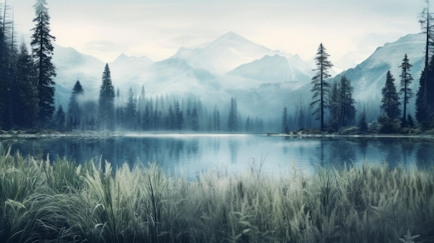 Lac serein et montagnes enneigées dans un désert fantaisiste