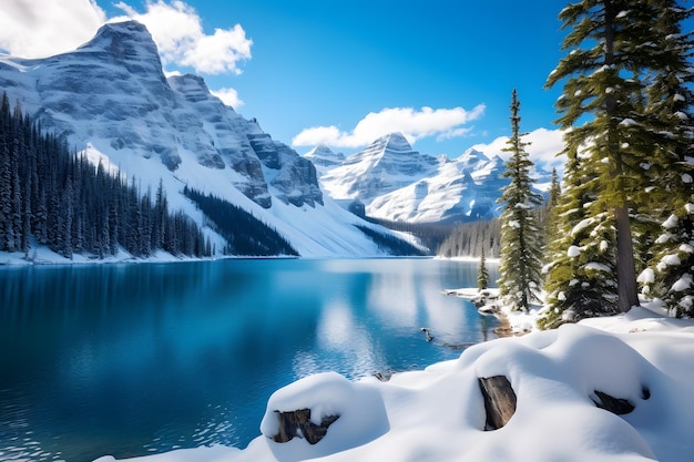 Un lac serein niché entre des montagnes enneigées et une forêt d'hiver luxuriante