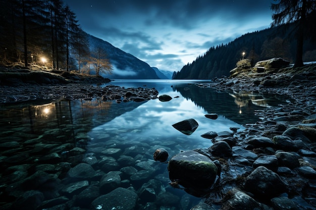 Lac serein la nuit où l'obscurité rencontre le vaste horizon bleu