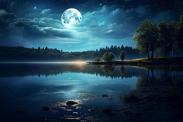 Un lac serein sous une grande lune pleine