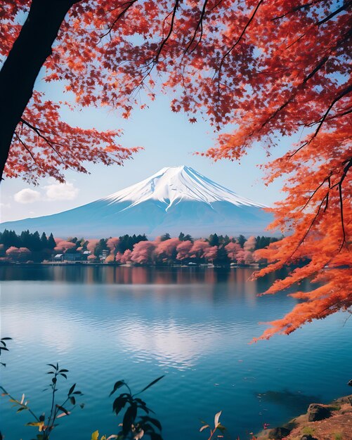 Le lac surplombant le mont Fuji avec des arbres d'automne