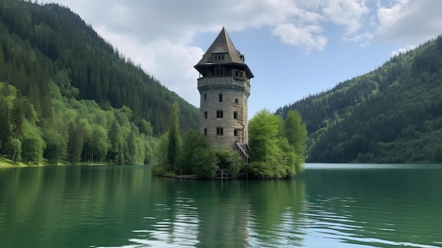 Un lac avec une tour dessus et des montagnes en arrière-plan