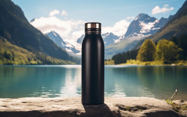 Le lac tranquille avec une bouteille d'eau noire