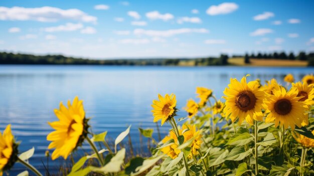 Un lac tranquille et un champ de tournesols en été.