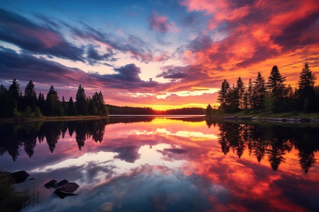 Un lac tranquille reflétant un ciel vibrant au coucher du soleil