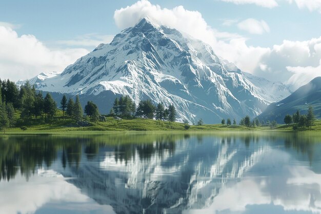 Un lac tranquille reflétant une pieuvre de montagne couverte de neige