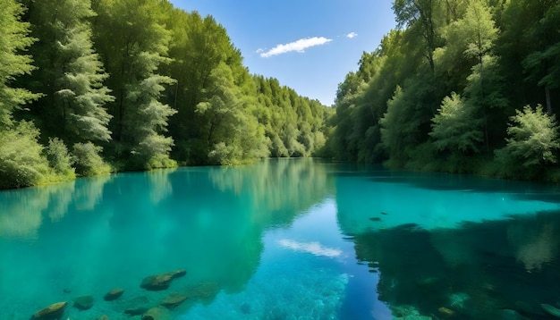 Un lac turquoise clair entouré de feuillage vert et d'arbres