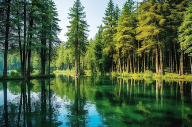 Un lac vert avec des arbres dessus