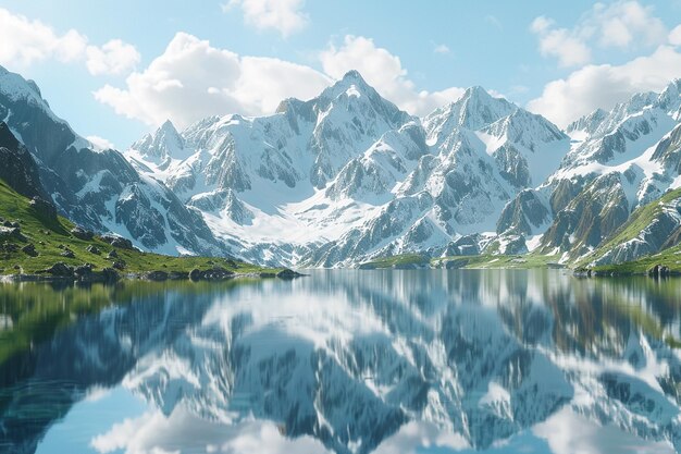 Un lac vitreux reflétant les montagnes enneigées
