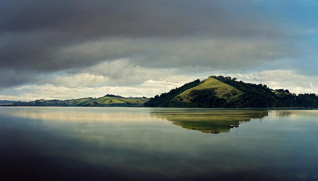 Lac wainamu Nouvelle-zélande montagne eau calme ciel nuageux peinture