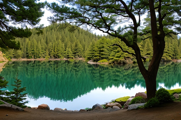 Photo lac zen calme et bonzaïs