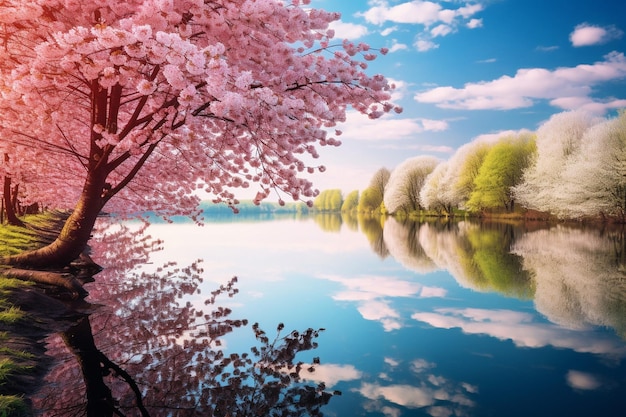 Photo des lacs avec des reflets d'arbres en fleurs