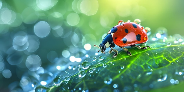 Photo une ladybug sur une feuille verte avec des gouttes d'eau