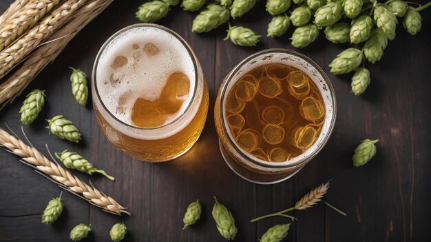 Lager froid dans un verre entouré de blé et de houblon sur le bois sombre vue de haut