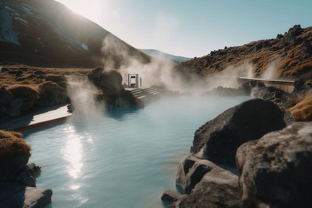 Un lagon bleu en islande avec une vapeur qui en sort.