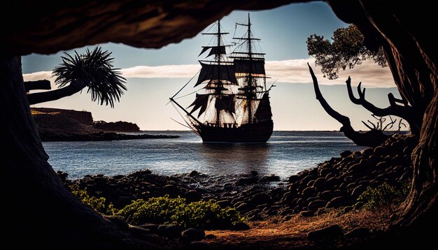 Photo lagune de mer avec bateau pirate en bois avec voiles noires avec crâne. paysage de plage de sable de l'île tropicale avec palmiers, montagnes et bateau corsaire sur l'eau, illustration de dessin animé.