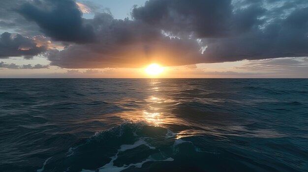 Laissez-vous envoûter par la beauté enchanteresse d'un coucher de soleil vibrant et coloré sur l'océan où l'horizon devient une toile de jaunes dorés Généré par AI