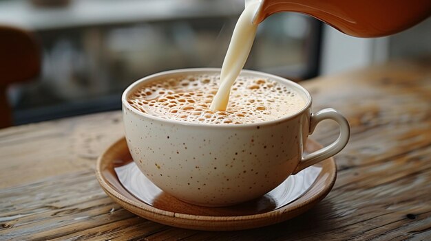 Le lait ajouté à une tasse de thé en gros plan