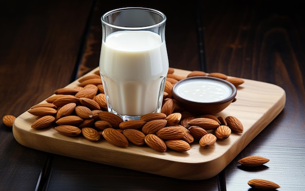 "Lait d'amande et amandes sur une assiette en bois avec fond blanc"