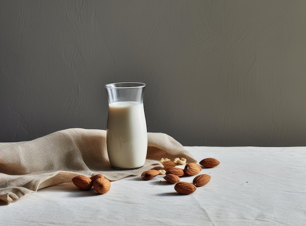 Le lait d'amande biologique dans une bouteille de verre près d'un bol en céramique avec des amandes crues sur une table en pierre dans la cuisine prête à cuisiner créé avec la technologie d'IA générative