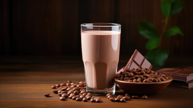 Le lait au chocolat dans un verre sur une table en bois