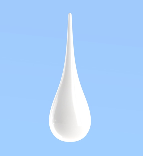 Lait blanc ou goutte de crème chute icône de rendu 3d réaliste Gouttelette cosmétique liquide de lotion shampooing ou savon closeup blob isolé sur fond bleu Texture de goutte à goutte de yaourt brillant