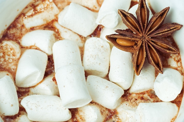 Photo lait de cacao ou de chocolat avec des bonbons à la guimauve et de l'anis se bouchent.