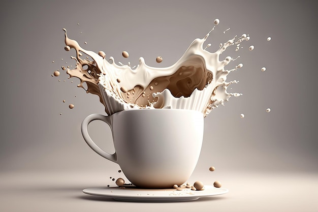 Lait et chocolat dans une tasse avec chute d'éclaboussures et de vapeur Boissons du matin avec IA générative