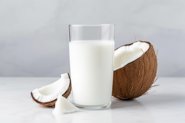 Photo lait de coco sur un comptoir en marbre sur fond blanc