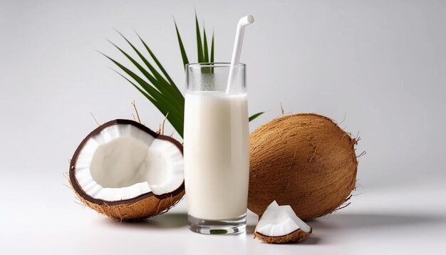 Lait de coco dans un verre avec une paille