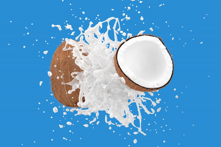 Photo lait de coco avec fruits de noix de coco sur fond bleu rendu 3d